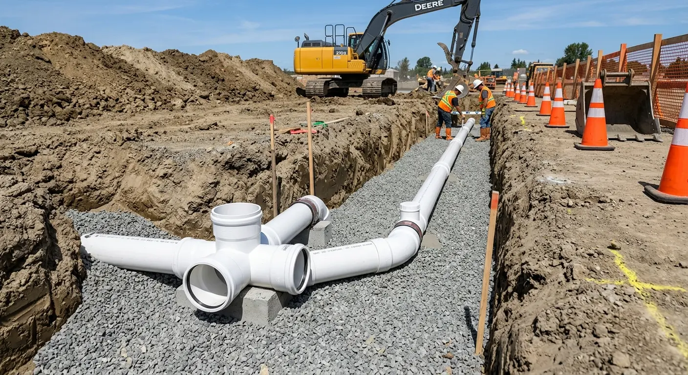 New PVC sewer pipe installation in open trench for Sewer Backup in Round Rock
