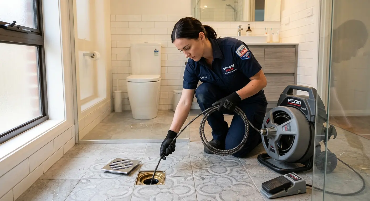 Technician clearing a bathroom floor drain for Drain Cleaning in Round Rock